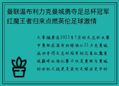 曼联温布利力克曼城勇夺足总杯冠军红魔王者归来点燃英伦足球激情