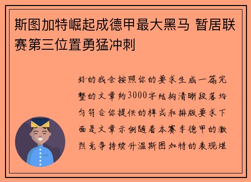 斯图加特崛起成德甲最大黑马 暂居联赛第三位置勇猛冲刺
