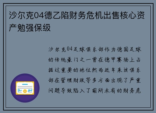 沙尔克04德乙陷财务危机出售核心资产勉强保级